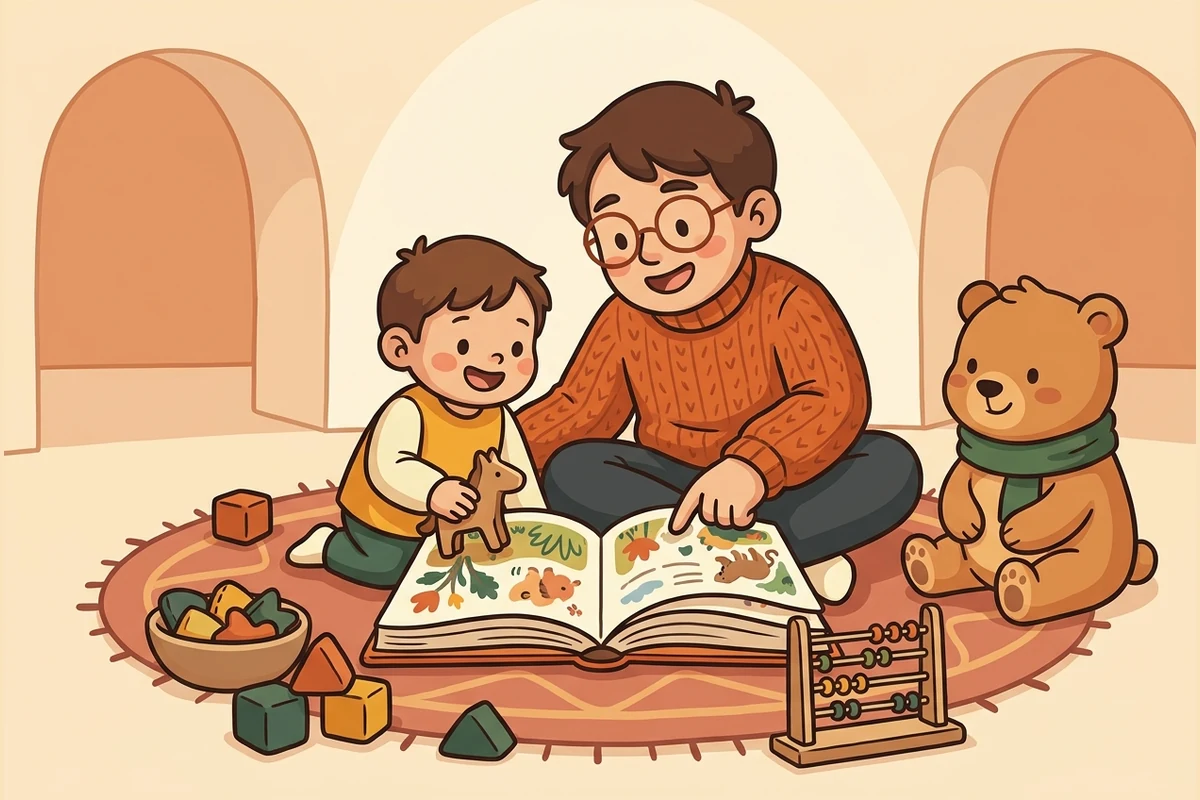 A parent and child sitting together on the floor, reading an illustrated book and playing with hands-on learning toys.