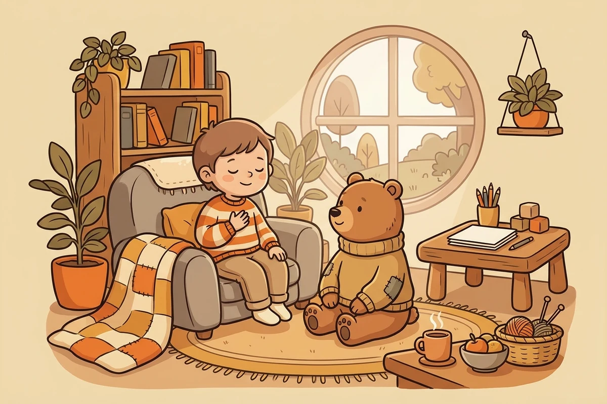A child pausing calmly with a hand resting on their chest and a peaceful expression, a gentle cast character sitting alongside in a cozy room.