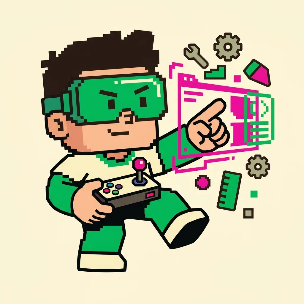 PixelForge mascot demonstrating