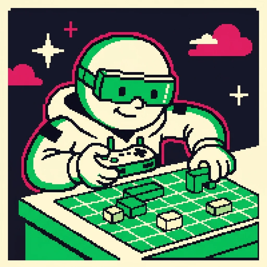 PixelForge mascot working