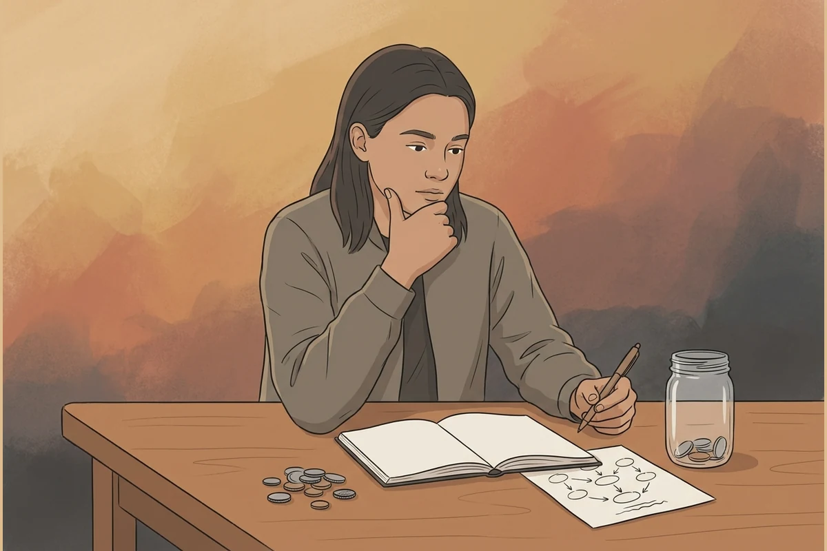 A teenager thinking through a real-world budget with an open notebook, coins, a savings jar and a hand-drawn decision chart.