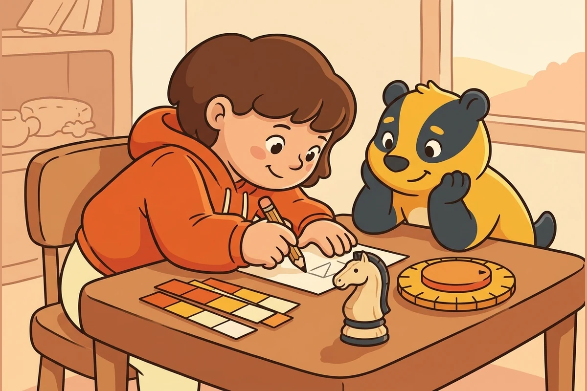 A focused tween working a puzzle with pencil and paper, paper fraction strips, a chess piece and a cipher dial, beside a friendly cast character.