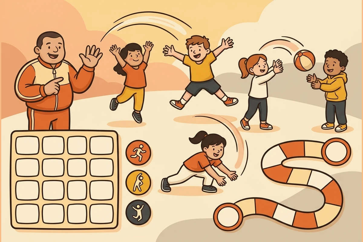 ActiveForge movement world — kids moving well with Coach Echo: dance levels, throw-and-catch arcs, a blank weekly-plan grid with activity-icon tokens, and a journey path