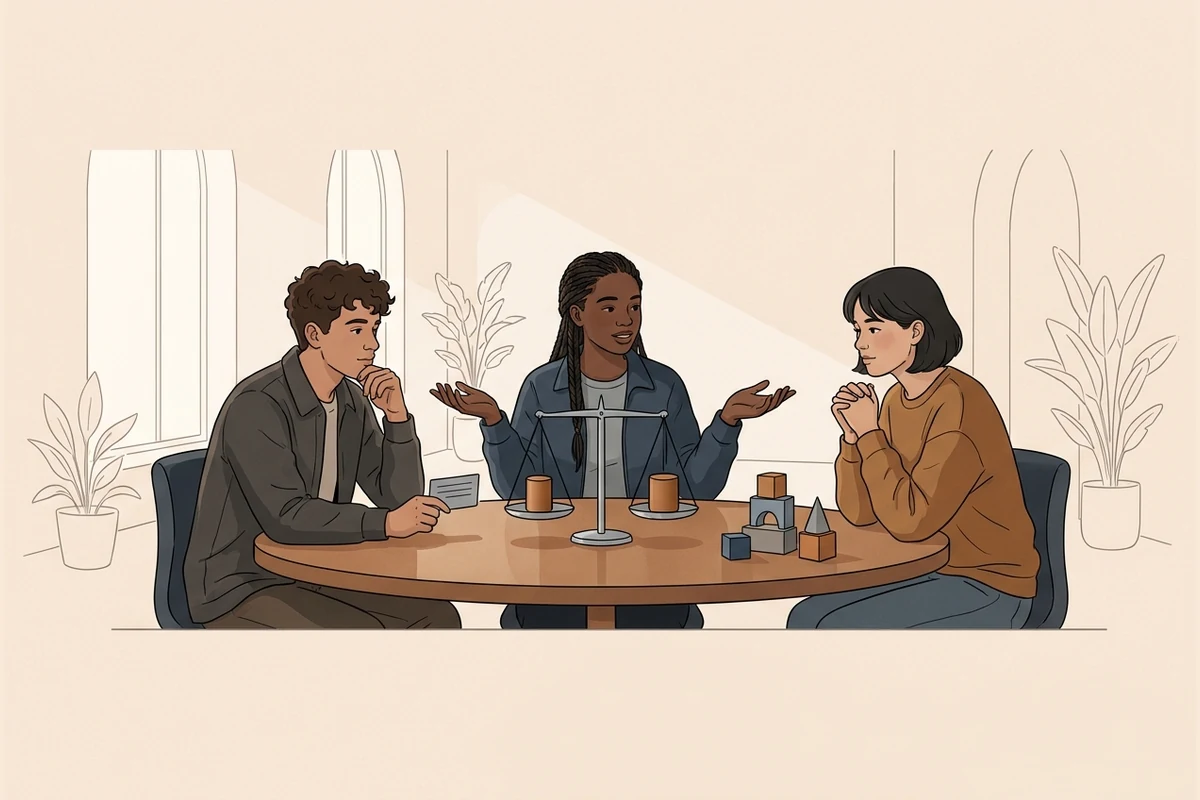 Three realistic teenagers deliberating around a round table with a balance scale of values and abstract argument blocks — a calm civic forum