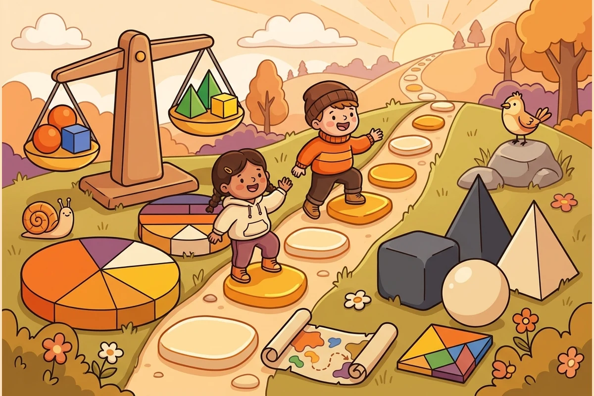 MasteryForge — a friendly math-practice world: kids climbing a stepping-stone ladder past a balance scale, fraction pie and geometric solids