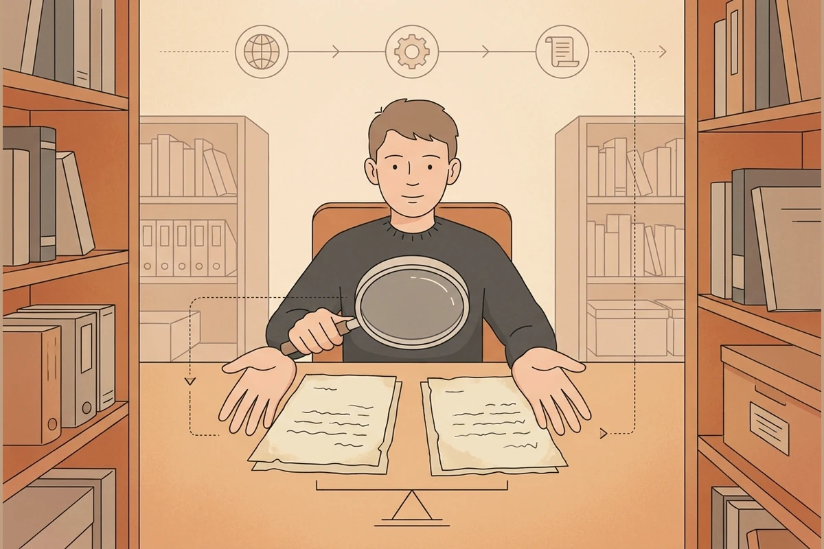 An older teen historian weighing source documents under a magnifier at an archive desk