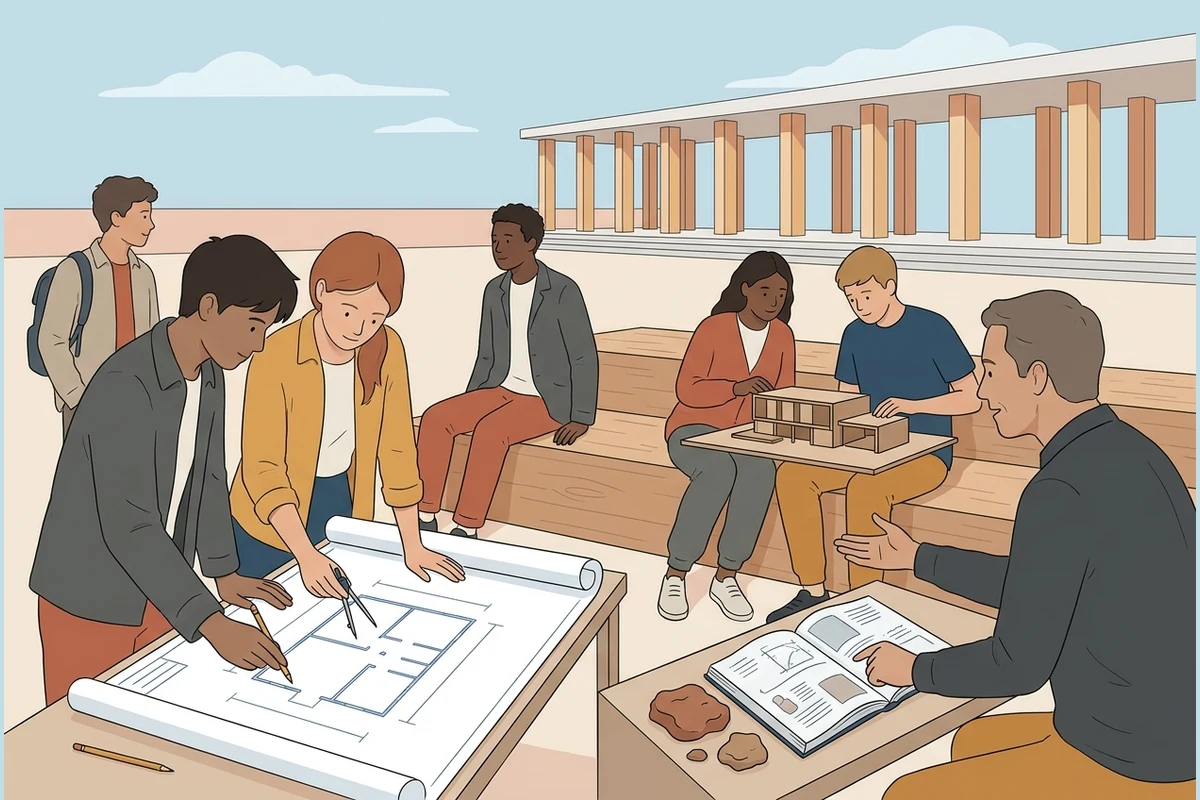 BallotQuest civic-forum study world — young adults and a mentor discussing plans by a town-hall colonnade in clean daylight, mature and uncluttered