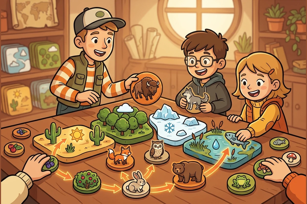 BiomeForge ecosystems world — kids building biomes from terrain tiles and animal tokens linked by food-web arrows