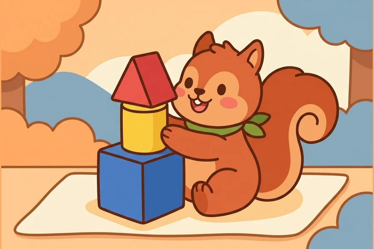 BlockTots block-play world — a friendly squirrel stacking big colorful wooden blocks and shapes