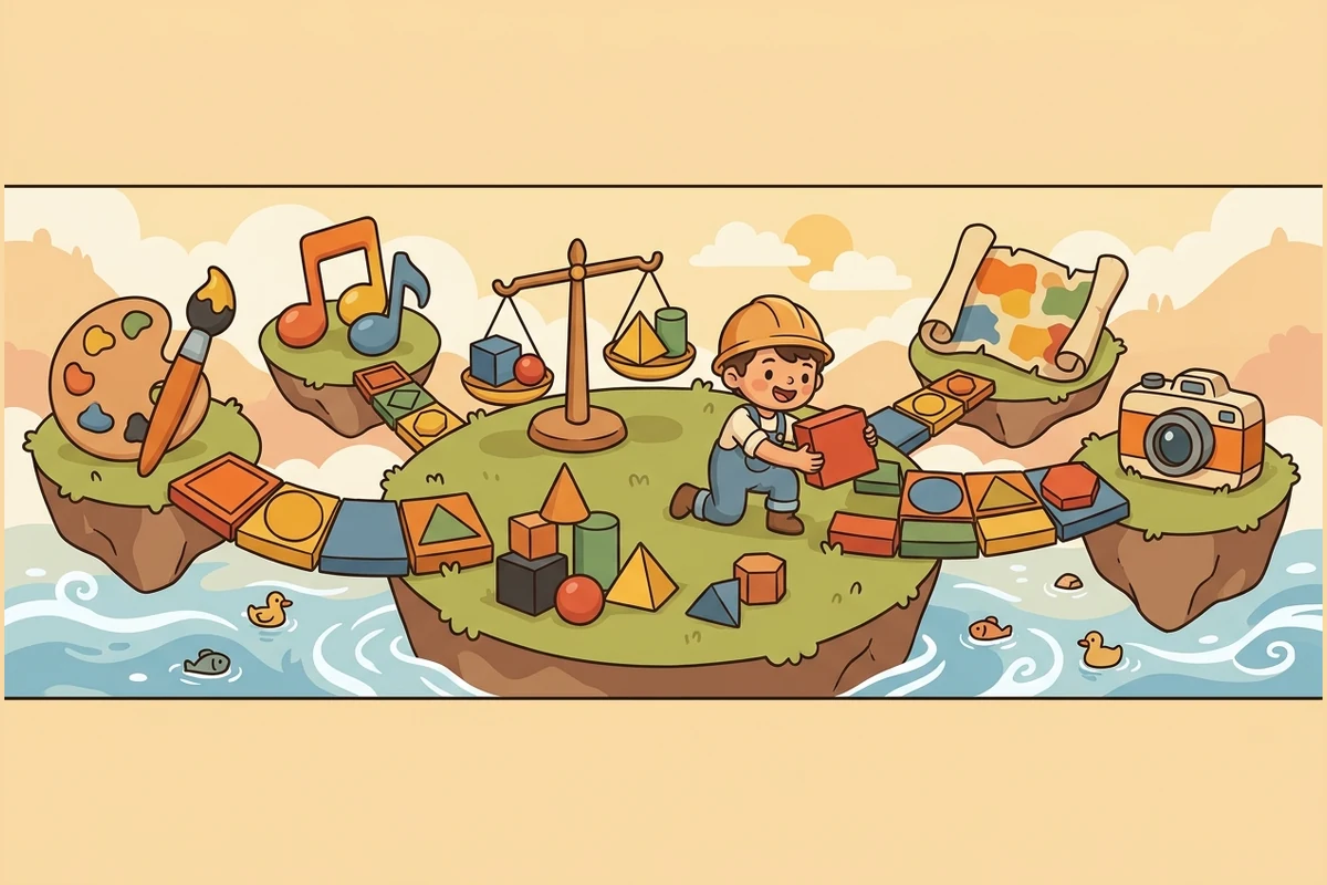 BridgeForge — a cross-curricular math world: a young builder connecting subject-islands with bridges of geometric shape-blocks, a balance scale and solids