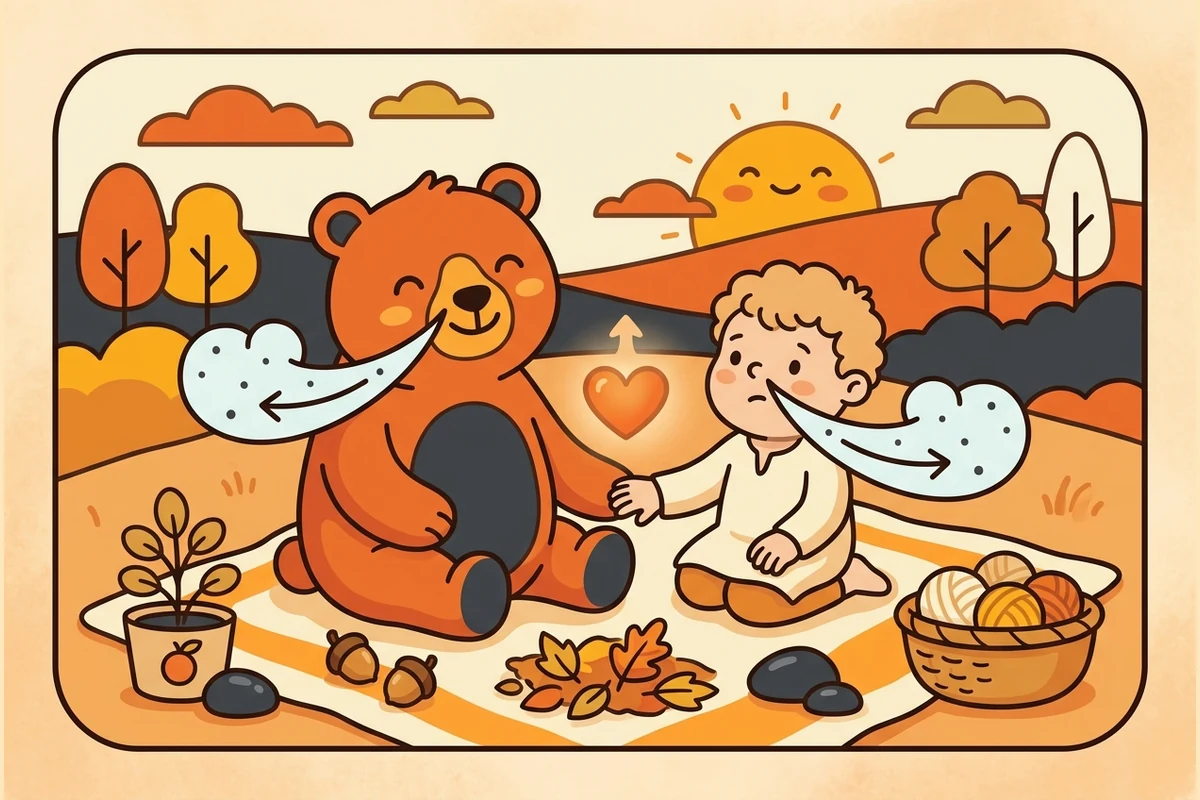 Calm-down world: a cuddly cub friend breathing slowly with a child