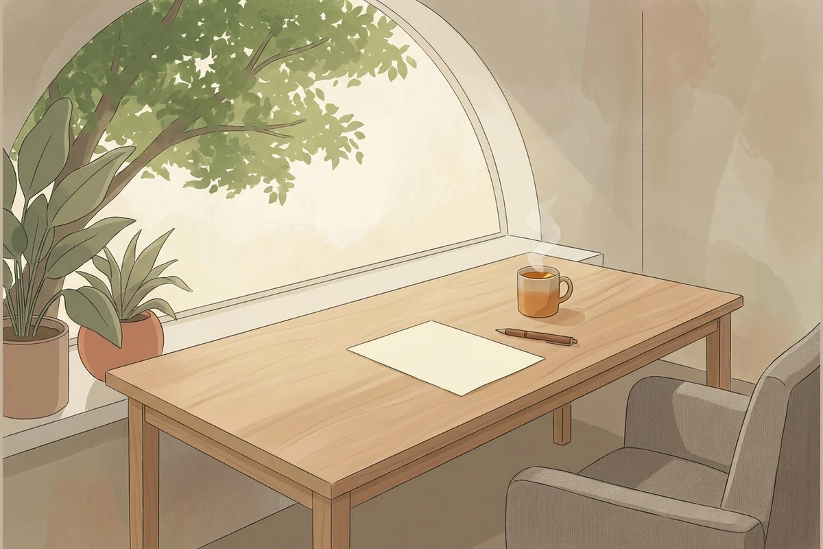 A calm mature study space with a wide wooden desk under a big window looking onto a green tree canopy, a single blank sheet of paper, a pen and a cup of tea