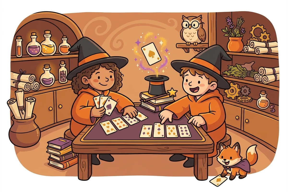 CardForge — a card-game and magic academy: young magicians arranging pip-cards into runs and sets, a top hat and wand, discovering the math behind card tricks