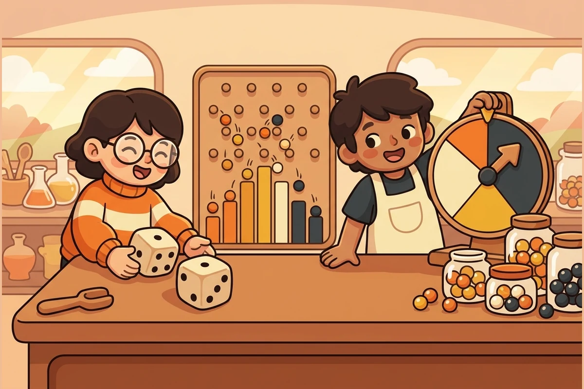 ChanceForge — a probability lab: young scientists rolling dot-pip dice, spinning a wedge spinner and watching a Galton board build plain colored bars, jars of marbles