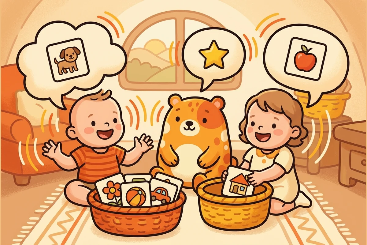 ChatterPals talking world — toddlers and a friendly animal pal chatting, picture-icon speech-bubbles, picture-card sorting baskets, sound-wave ripples