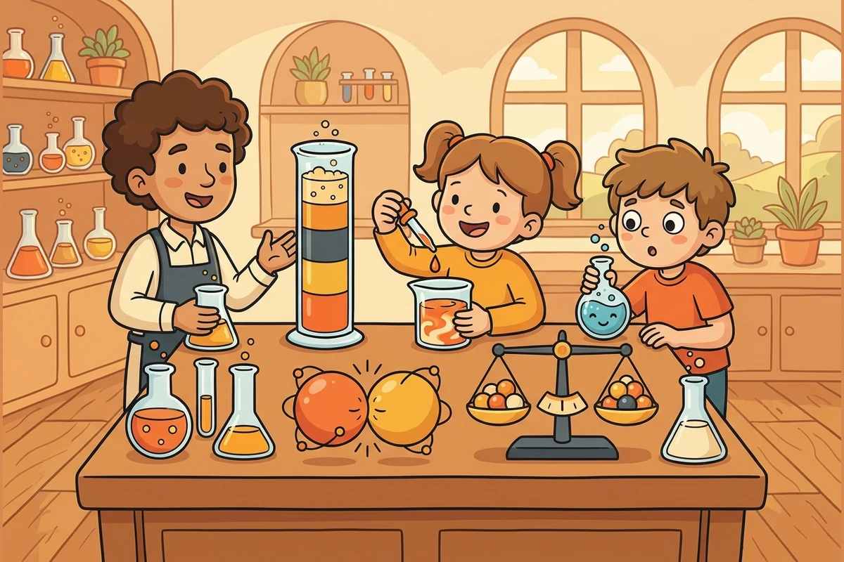 ChemQuest chemistry lab — kids with colored beakers, a density tower, atom-spheres bonding, and a balance scale of equal atom-groups