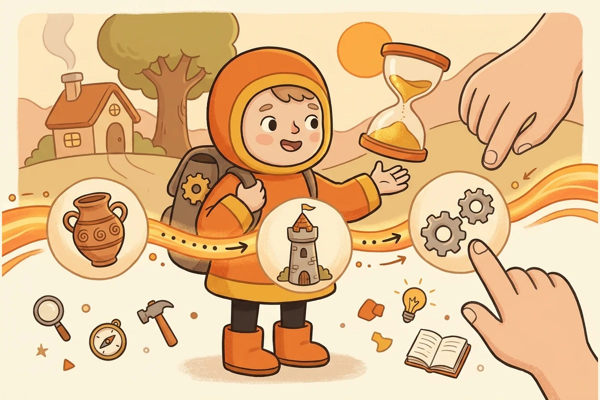 A kid time-explorer among floating history eras on a glowing timeline