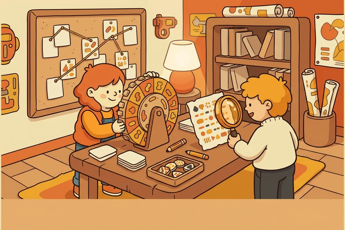 The CipherForge spy agency — friendly cartoon codebreakers at a cipher workbench, turning a cipher wheel and examining a coded message
