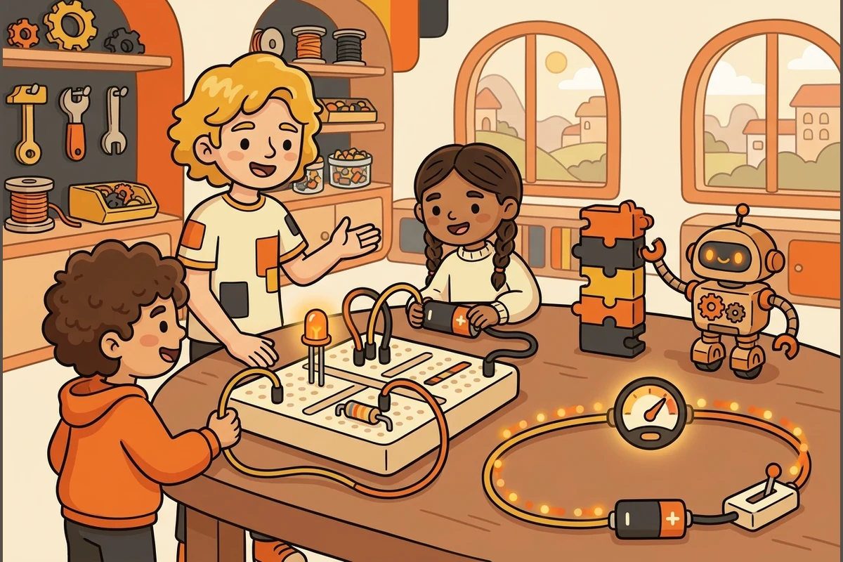 CircuitForge electronics world — kids wiring a breadboard with a lit LED, snapping code-blocks to drive a robot, and a loop-circuit with flowing current-dots and a dial-gauge