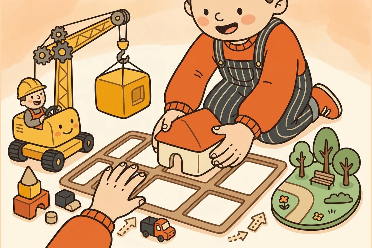 A kid city-builder placing blocks along a street grid with a crane