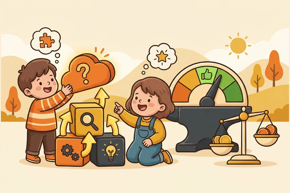 Friendly cartoon kids in a warm reasoning workshop building an argument from stacked claim and evidence blocks beside a rising strength-meter gauge and a balance scale