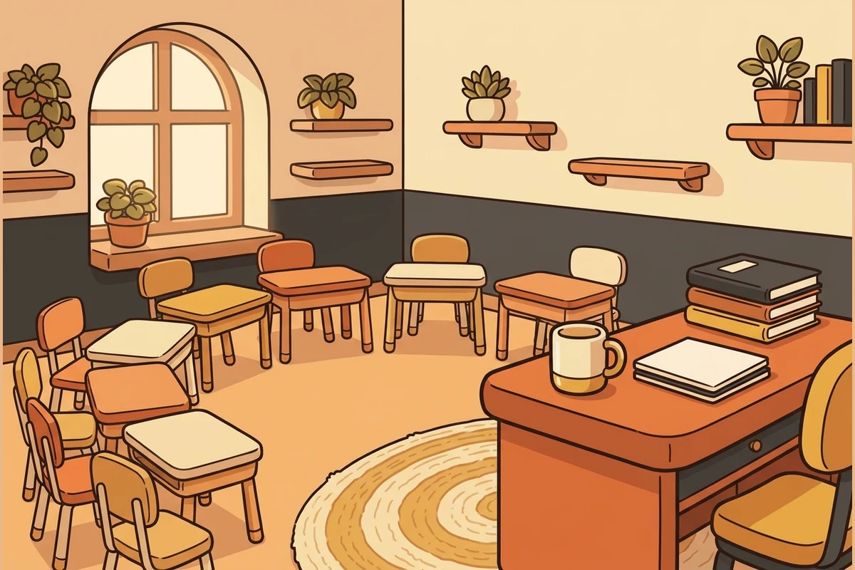 A calm quiet classroom after school with a teacher's desk, a neat stack of plain closed notebooks with blank covers, a mug, empty student desks arranged in a gentle circle and a window of late-afternoon light