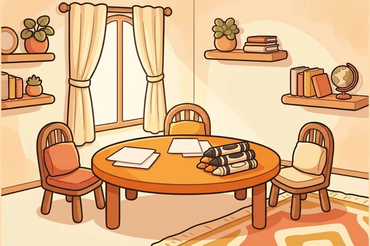 ClassPact's calm world — a warm empty classroom with a round table, chairs drawn around it, soft blank charter-paper and a window