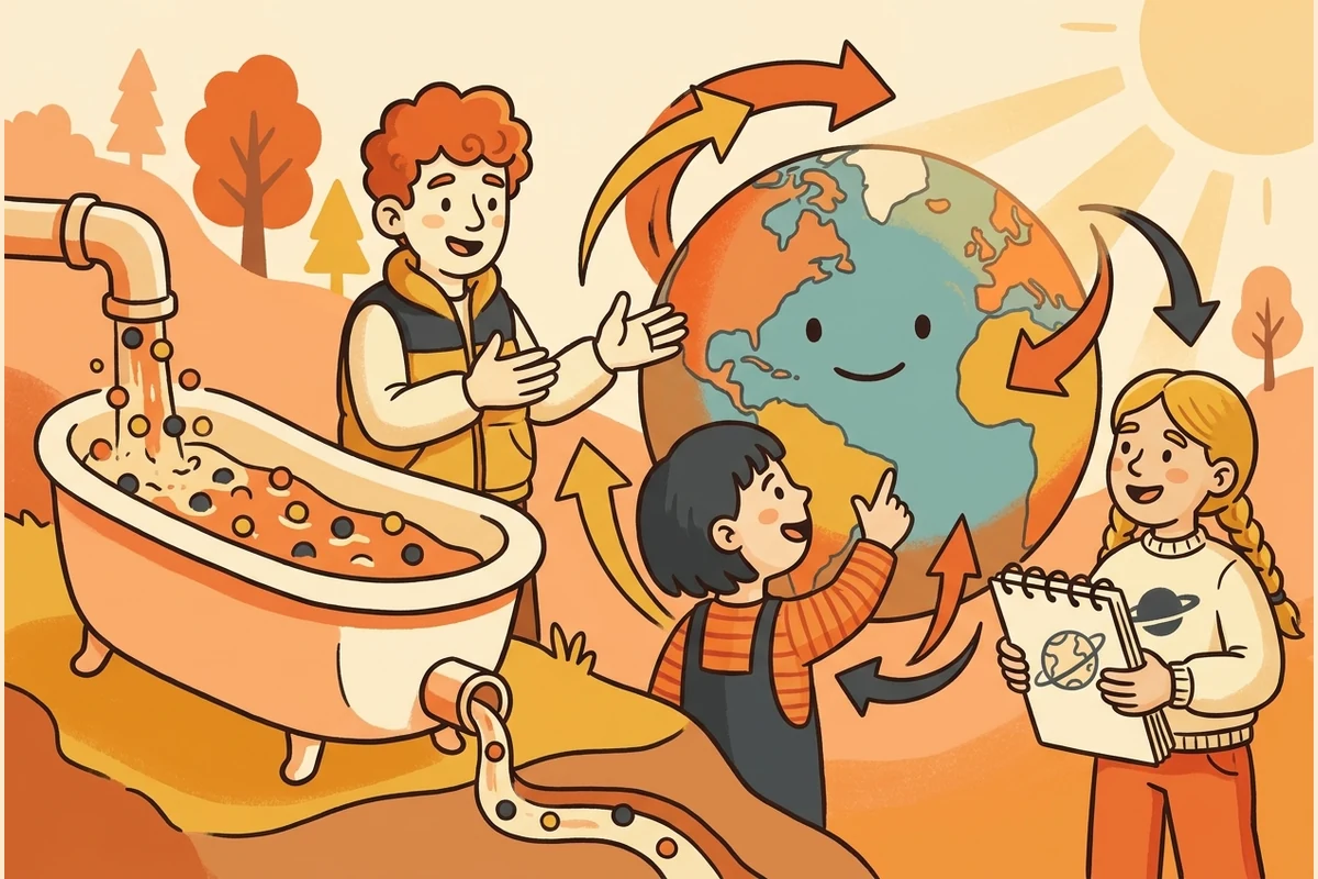ClimateQuest earth-climate world — kids at a globe with sun-rays, feedback-loop arrows, and a carbon bathtub of inflow/outflow dots