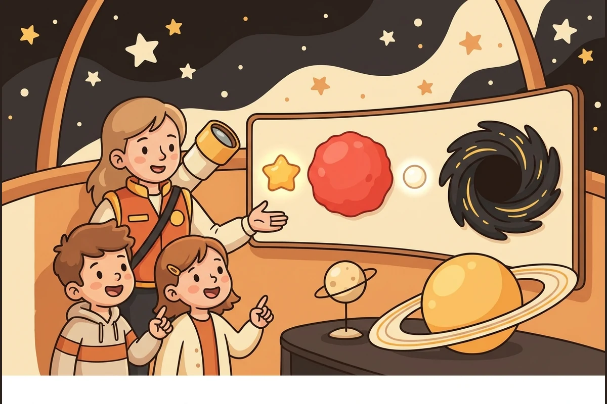 CosmosForge astronomy world — kids exploring star life-stages, a black hole bending light, a planet-transit dip, and orbits on a curved spacetime grid