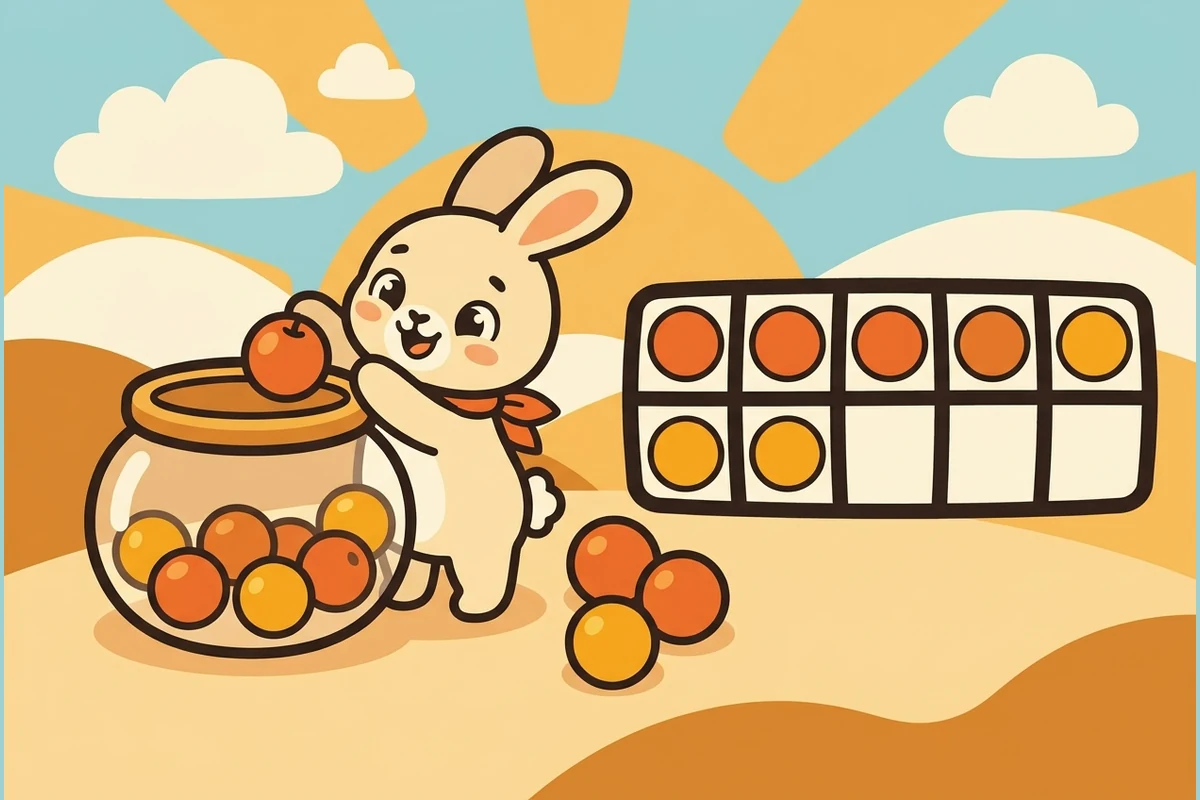 CountingPals counting world — a friendly bunny dropping berries into a jar beside big round dots and a ten-frame