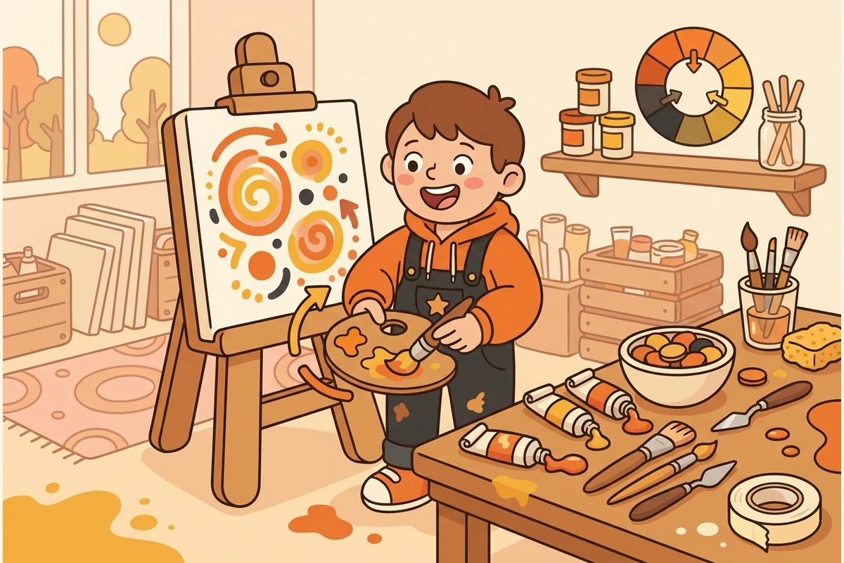Paint studio world: a child mixing colours at an easel
