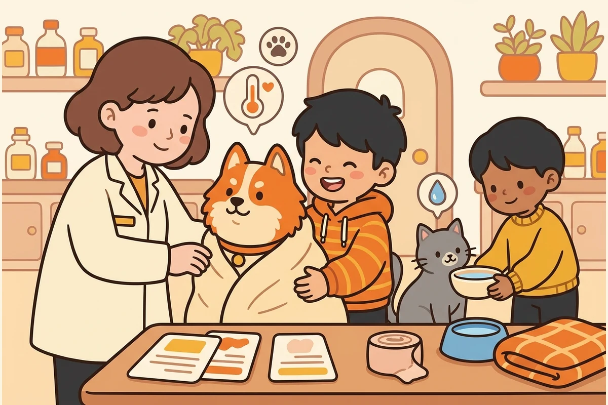 CreatureCare animal-clinic world — kids gently caring for calm comfortable animals with symptom-icons, clue-cards and care-items