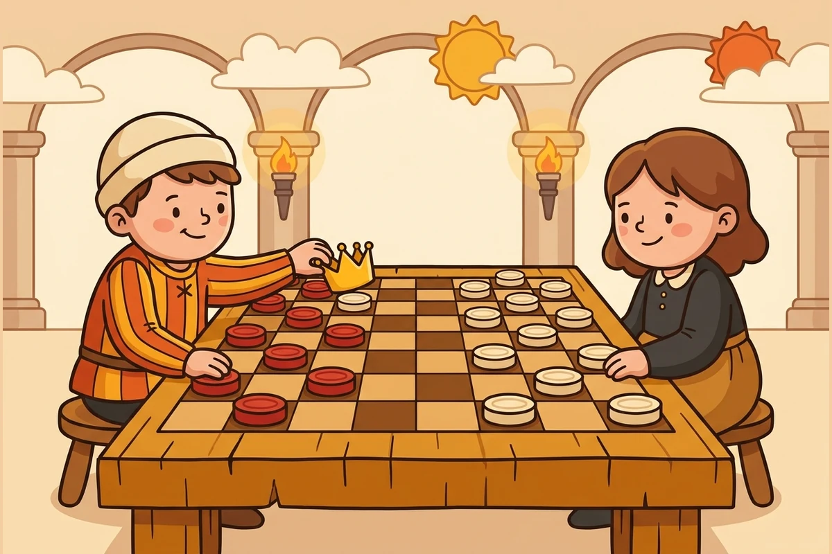 Friendly cartoon kids playing a warm game of draughts at a wooden checkerboard in a cozy castle hall, one disc being crowned with a gold crown