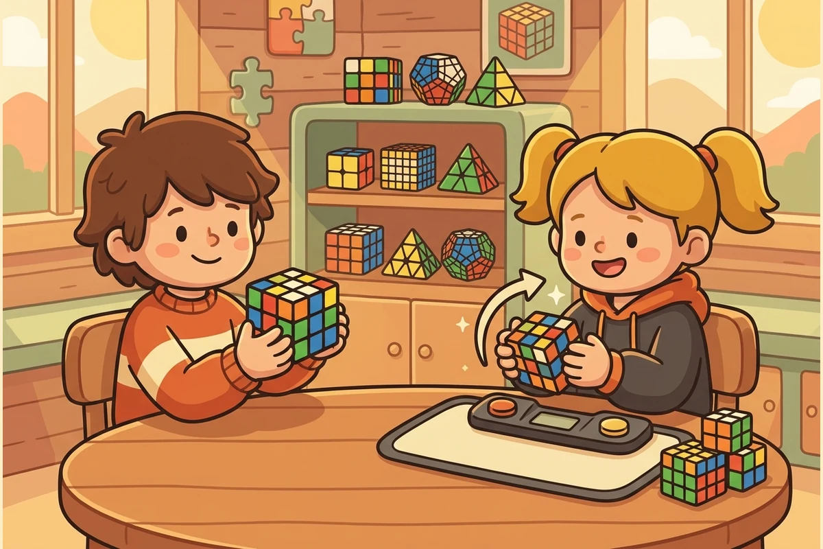 Friendly cartoon kids in a cozy cubing corner, one proudly holding up a colorful solved Rubik's cube, a shelf of cubes and a timer mat nearby