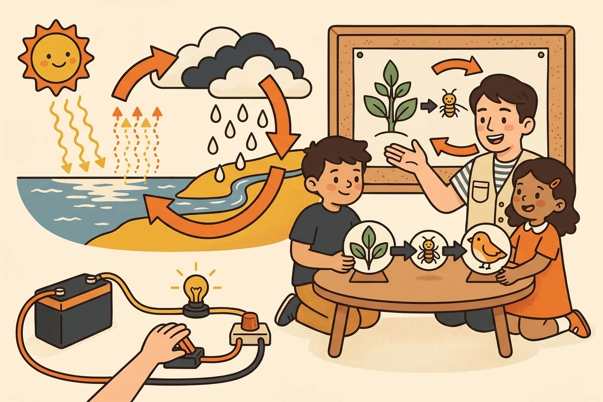 CuriosityQuest science-discovery world — kids exploring a water cycle, a food web of creatures, and a lit circuit