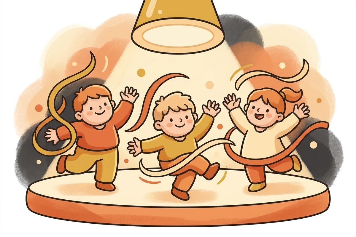 Kids dancing on a warm stage with motion ribbons