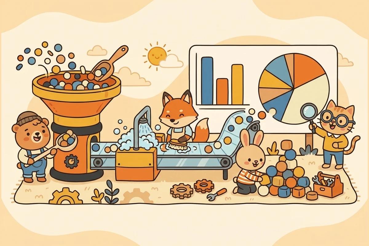 DataForge — a data-science workshop: a crew tending a data pipeline of colored dots into plain bar and pie charts, no numbers