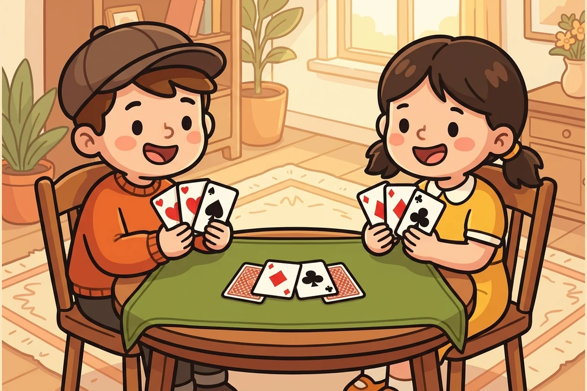 Friendly cartoon kids playing contract bridge at a warm green card table, holding fans of cards, a few cards played in the middle