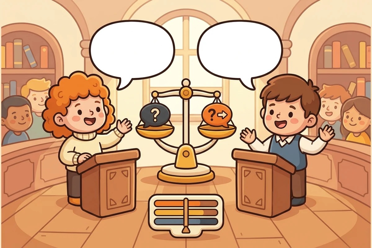 Two friendly cartoon kid debaters at podiums with empty speech bubbles, a balance scale weighing two arguments, and a case-strength meter — a warm debate hall