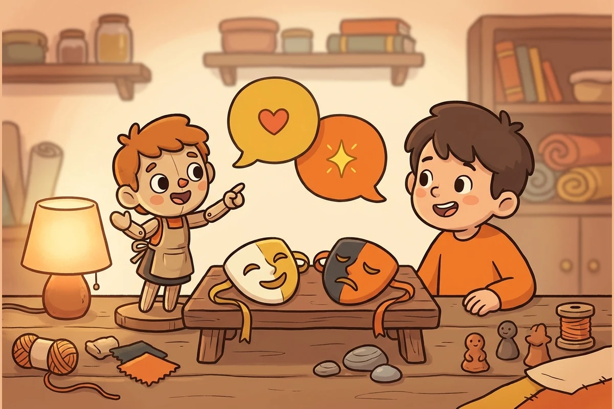 Two young writers bringing story characters to life with speech bubbles and theater masks in a warm dialogue workshop