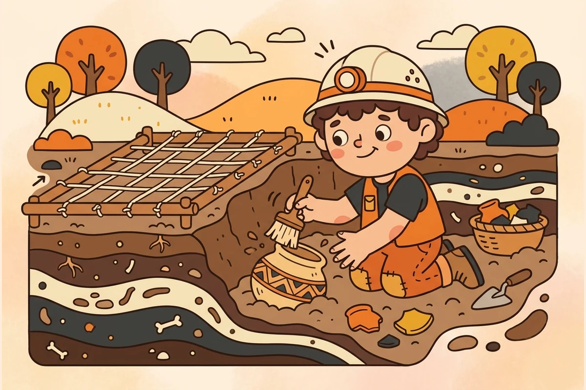 A kid archaeologist brushing a pot in a layered dig pit