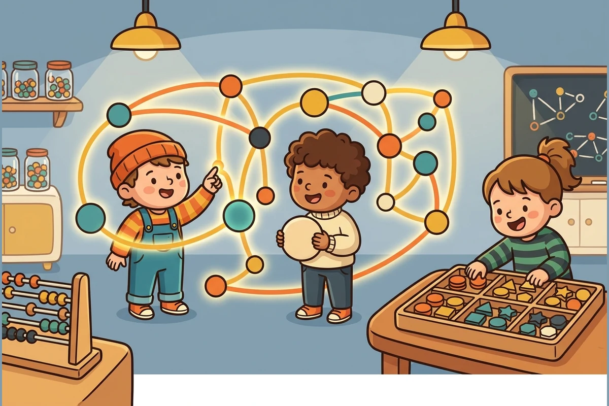 The DiscreteQuest discovery lab — friendly cartoon kids exploring a glowing network graph of dot-nodes and edges and sorting colourful counting tokens