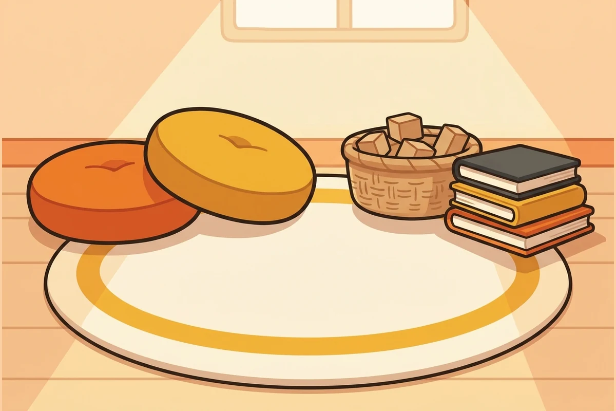 A calm sunny living-room floor with a soft round rug, two cushions side by side, a low basket of plain wooden blocks and a few picture books