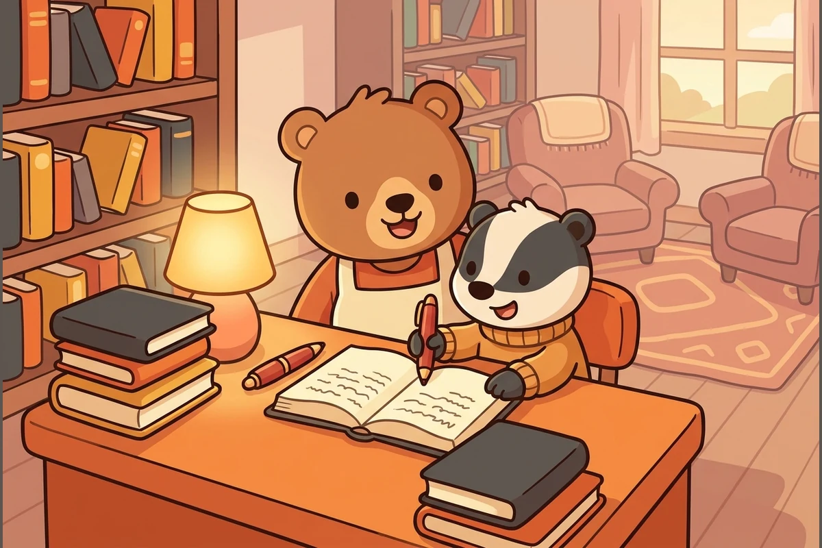 A cozy warm library-study — a friendly bear and a badger editing an open manuscript with a red pen, shelves of books, soft lamplight