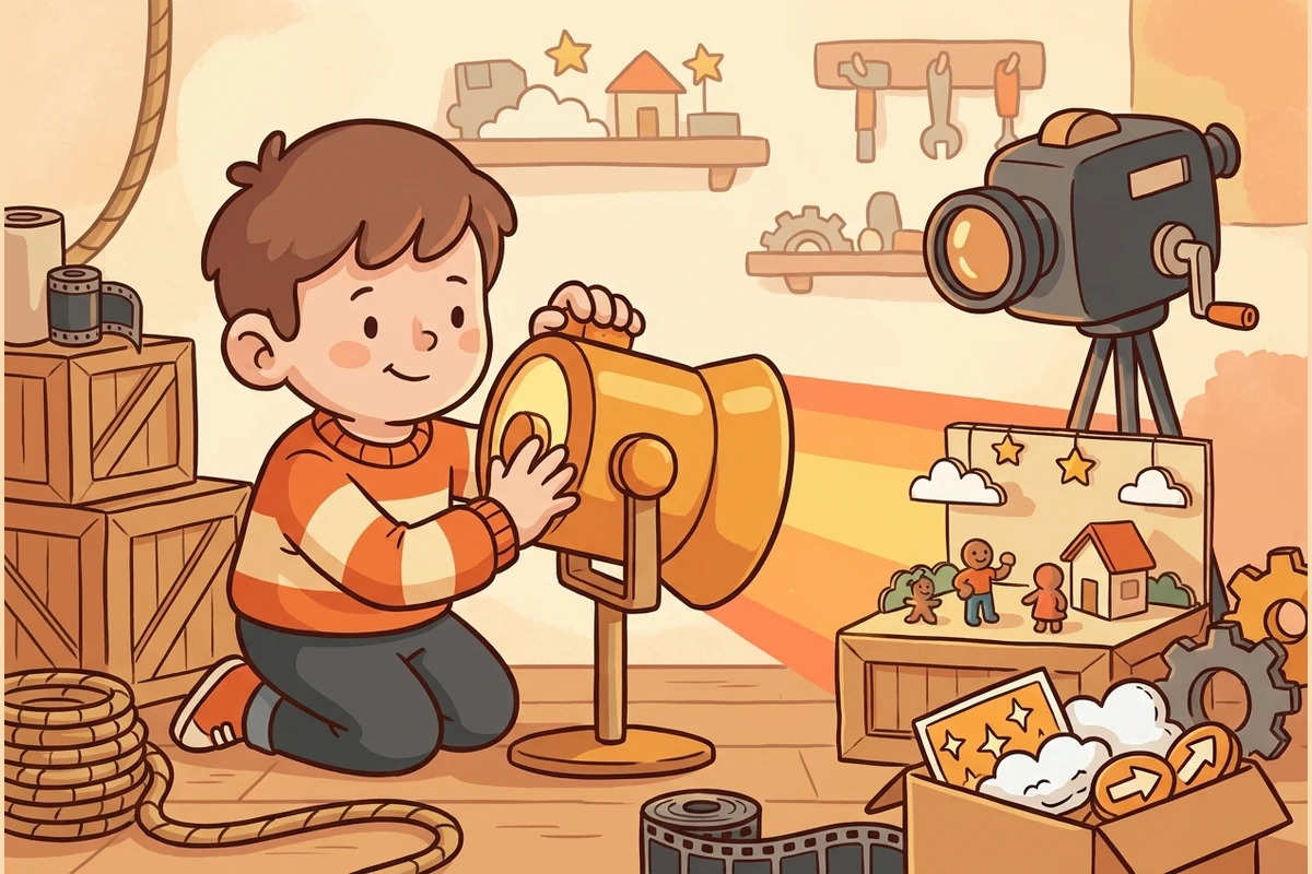 Film-effects studio world: a child shaping light and sound