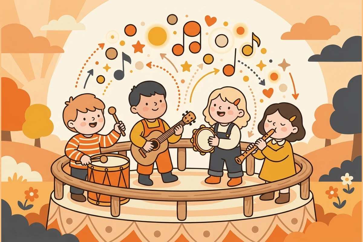Kids playing instruments together on a band-stand