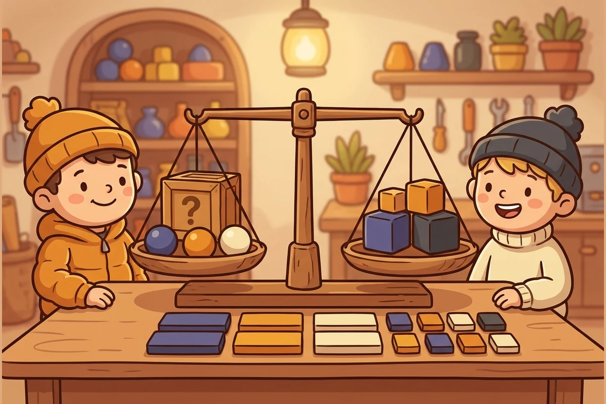 EquationQuest — an algebra-balance workshop: kids keeping a balance scale level with a mystery box and plain weights, plain colored algebra tiles, no numbers