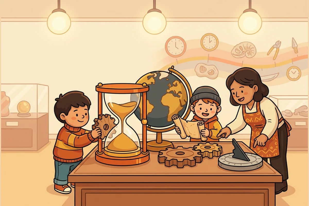 A warm museum-of-time hall — children and a mentor exploring an hourglass, a globe, gears and a sundial among display cases, soft lamplight