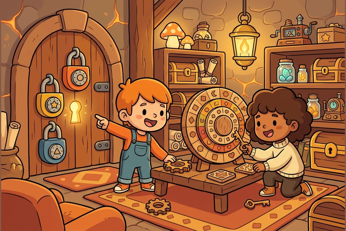 Two friendly cartoon kids in a warm escape-room chamber cracking a symbol-dial cipher wheel beside a padlocked door with a glowing keyhole