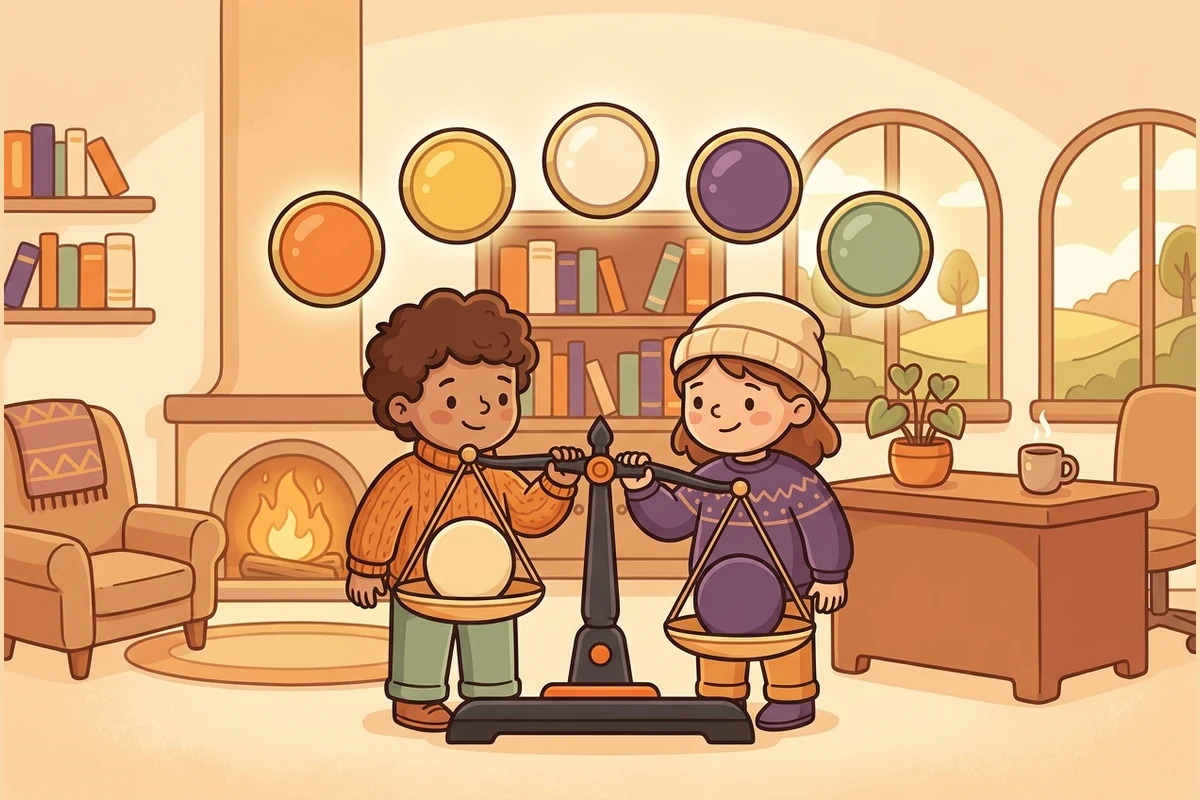 A friendly cartoon kid philosopher weighing a balance scale of values with five colored moral-lens prisms, in a warm wisdom study